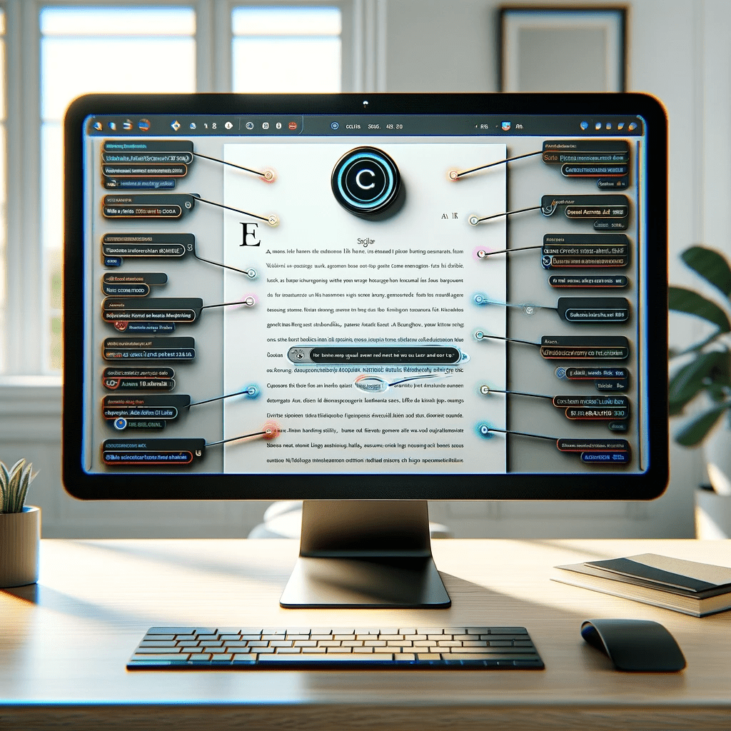 AI writing assistant providing grammar and style suggestions on a student's essay on a computer screen