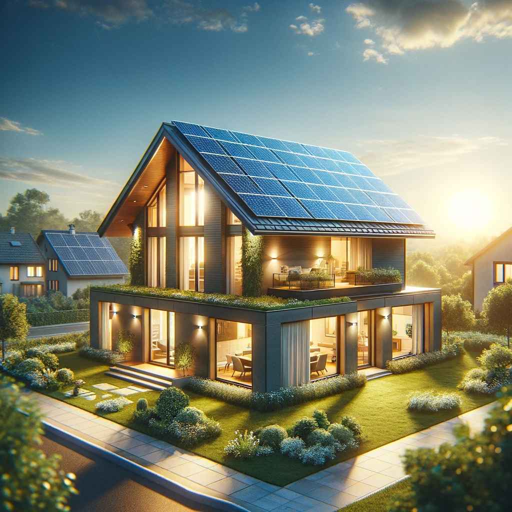 DALL·E 2024 01 27 14.28.02 A Stunning Ultra Realistic Image Showcasing A Modern Home Equipped With The Latest Solar Panels. The House Should Be Situated In A Picturesque Suburb 